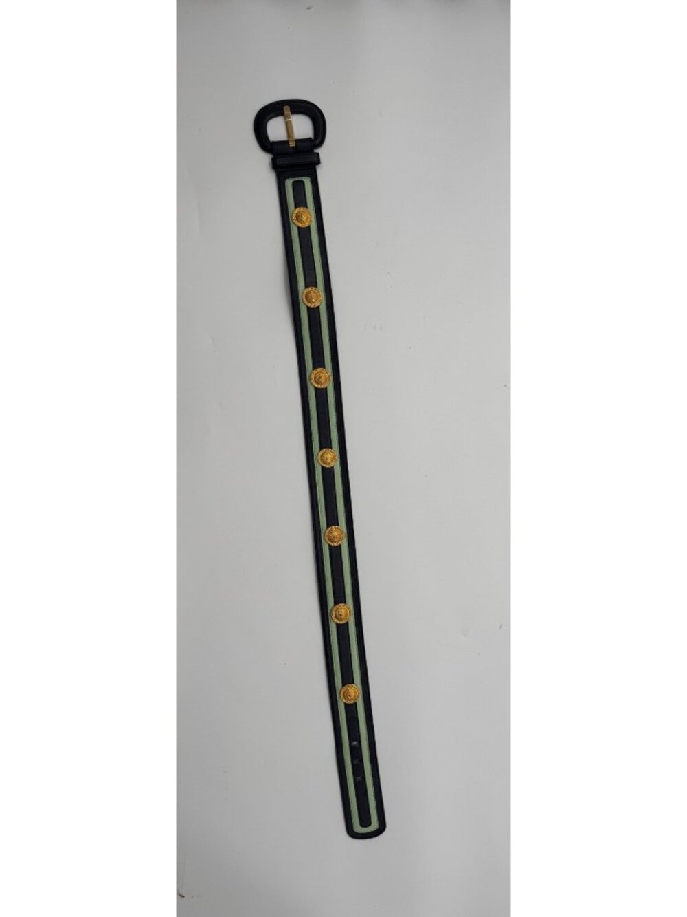 Vintage Escada Belt West Germany Navy/Green Gold Medallion Leather Belt EU 38 /S - Picture 3 of 12
